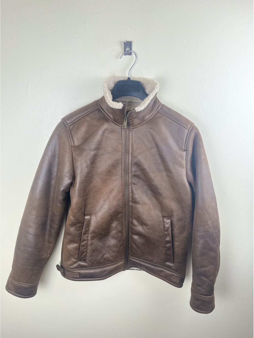 Rainforest Faux Shearling Lined Leather Jacket Men's Small Brown Full Zip NWOT